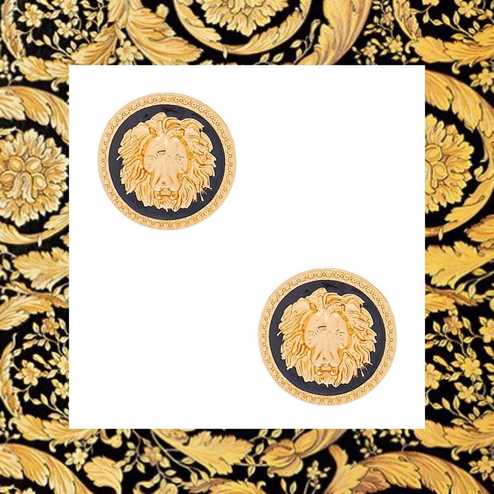 New Black & Gold Circle Lion Head Post Earrings